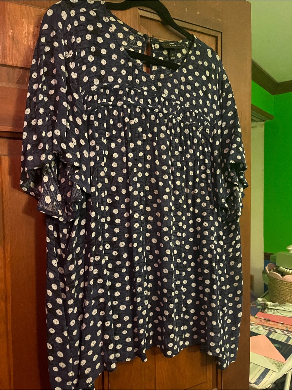 Lane Bryant Navy Blue Polka Dot Peasant Blouse